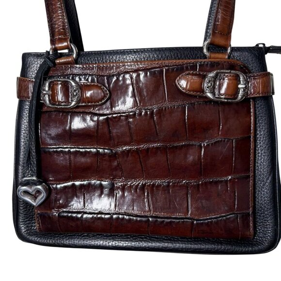 Vintage Brighton Brown & Black Embossed Leather Shoulder Bag With Heart Charm - Picture 2 of 10